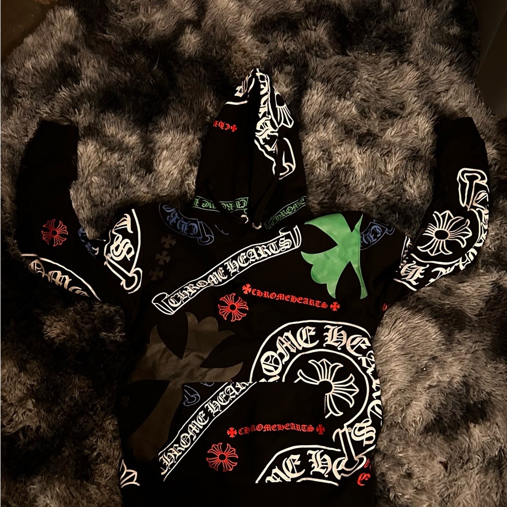 Black Graphic Hoodie with Multicolor Designs